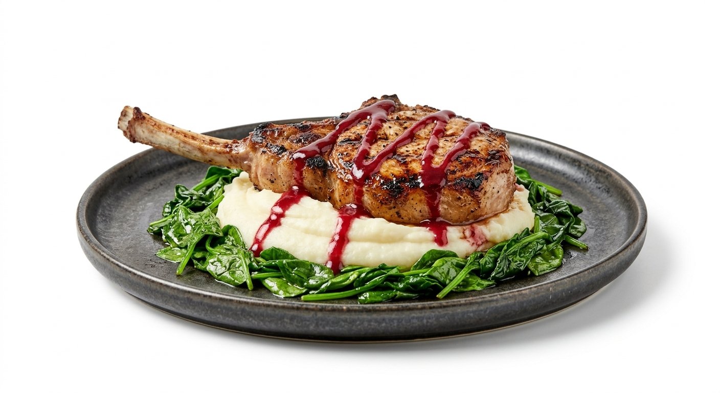 Tomahawk de porc cu piure de cartofi si baby spanac
